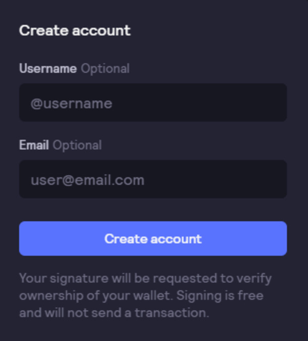 Create account screen.